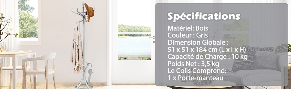 Porte Manteau sur Pieds avec 12 Crochets en Bois Massif pour Manteaux Chapeaux Parapluie 51 x 51 x 184 CM, 4 Couleurs au choix Gris