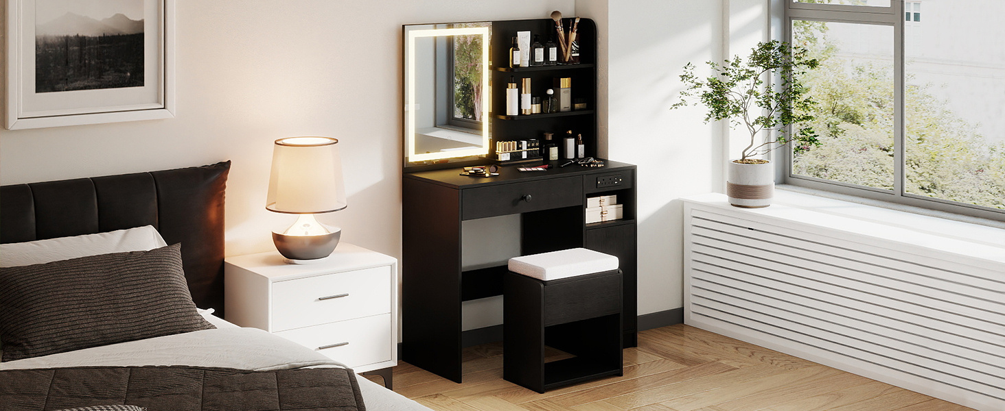 Vanity Desk with Mirror and Lights Dressing Table with Charging Station