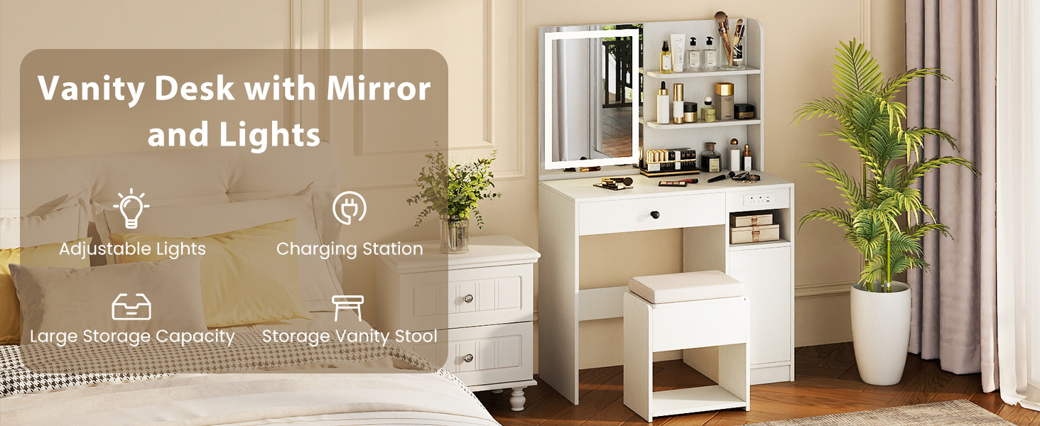 Vanity Desk with Mirror and Lights Dressing Table with Charging Station