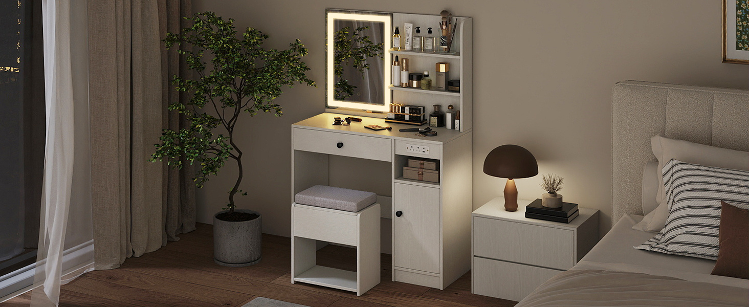 Vanity Desk with Mirror and Lights Dressing Table with Charging Station