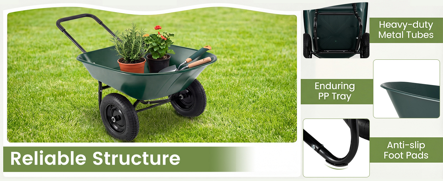 Heavy-duty 2 tire utility cart with a PP tray, 330 lbs capacity, and pneumatic tires for easy movement in gardens.